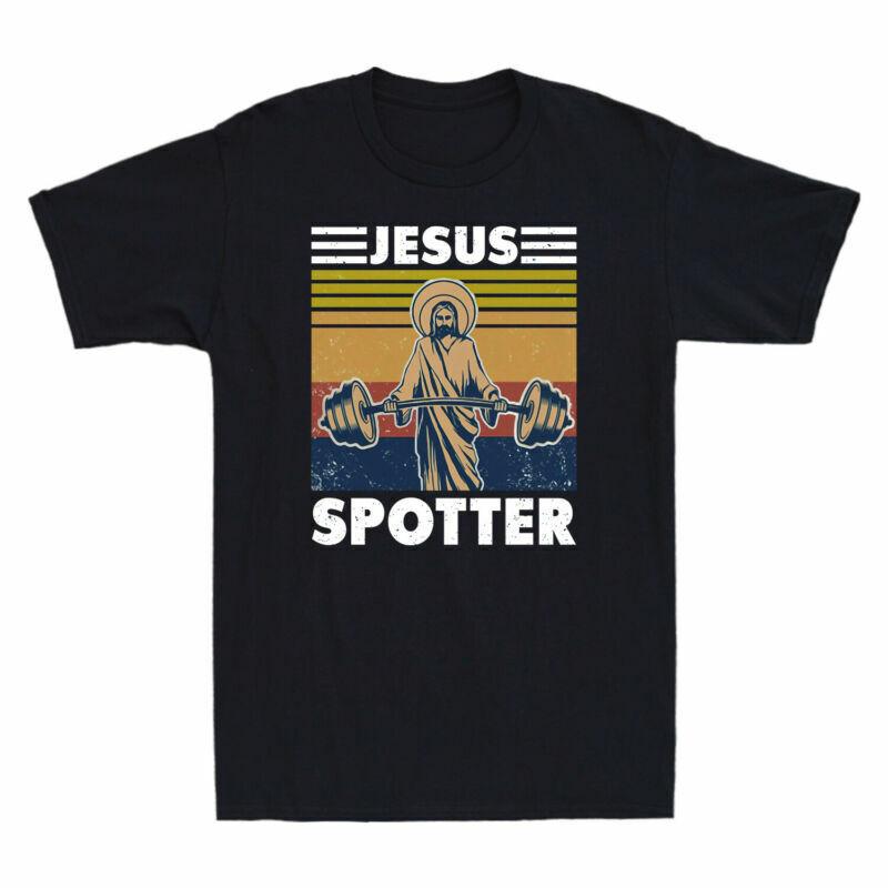 Vintage Funny Tee Unisexs Jesus Cotton Jesus Lifting Weightlifting Spotter TShirt S