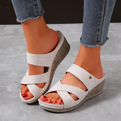 2024 Neue Damen Sommer Mode Einfarbig Vielseitig Lässig Keilabsatz Zehentrenner Sandalen Geeignet für Strandjacken