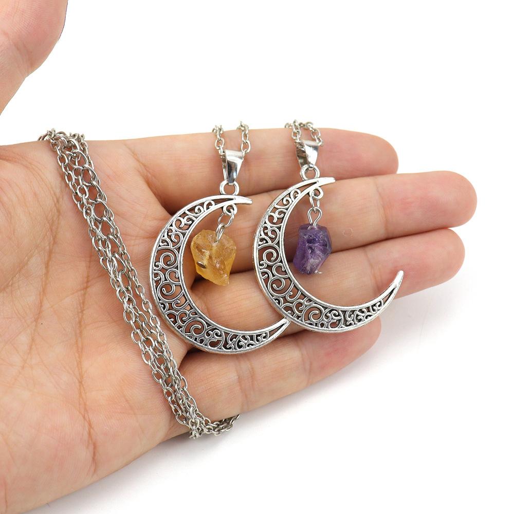 Hollow Moon Natural Rough Stone Crystal Pendant Necklace Amethyst Pendant Couple Necklace N597