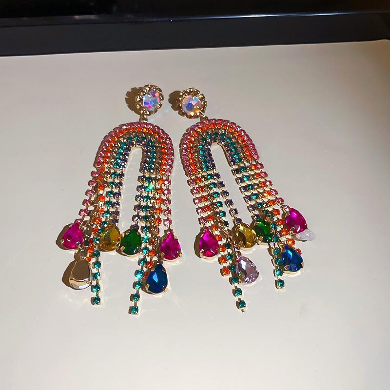 Elegant Rhinestone Teardrop U-Shaped Tassel Earrings for Women - Exquisite, High-End, Fashionable Statement Jewelry