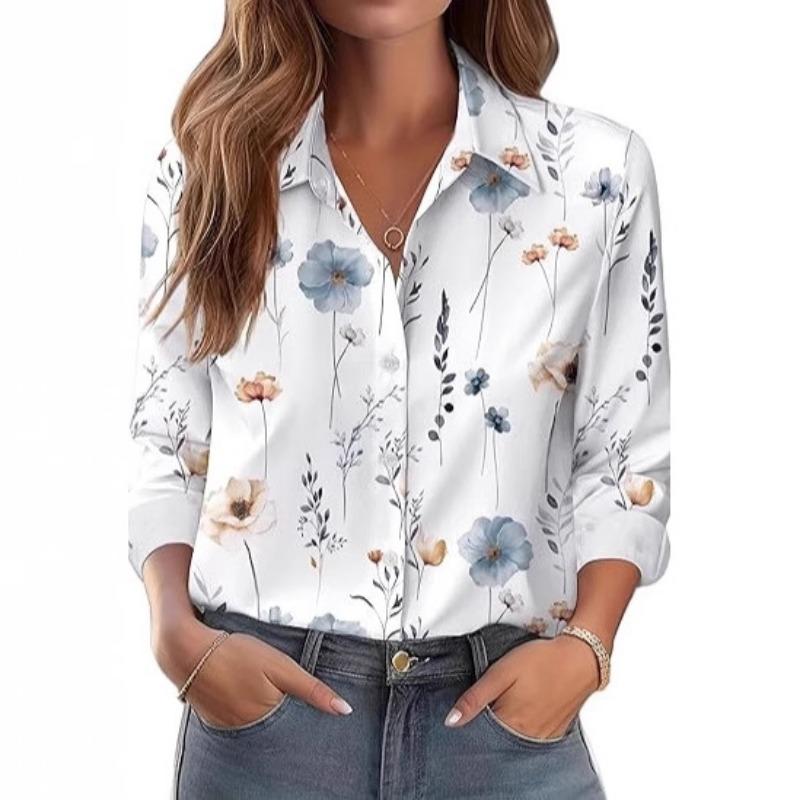 Casual Printed Long Sleeve Women Shirts Spring Autumn Office Blouse Fashion Elegant Simple Casual Simple Lapel Tops Loose Clothing S