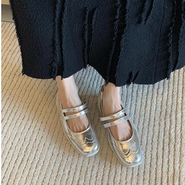 Cowhide version of the new silver ballet sports and leisure shoes, flat single shoes, women's shallow mouth square head thick sole Mary Jane shoes