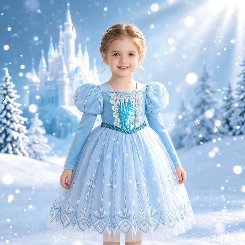 Girls Elsa Princess Frozen Dress Christmas Holiday Party Puffy Bubble Sleeve Tutu Costume for Kids