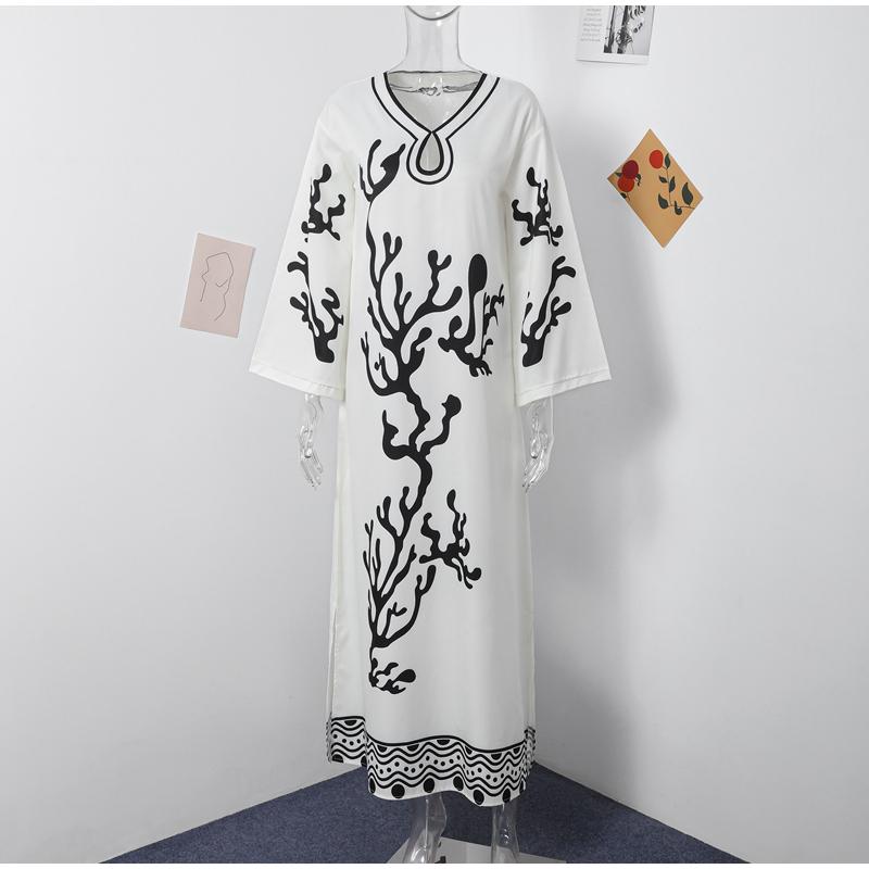 Loose Printed V Neck Women Dress Long Flare Sleeve Side Split Casual Holidays Dresses Spring Summer Elegant Beach Lady Robe