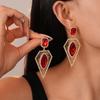 Retro Angkor Red Rhinestone Silver Geometric Earrings - Light Luxury High-End for Women