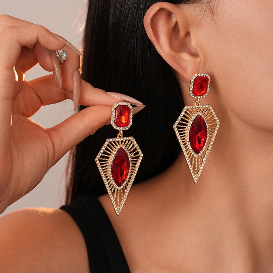 Retro Angkor Red Rhinestone Silver Geometric Earrings - Light Luxury High-End for Women