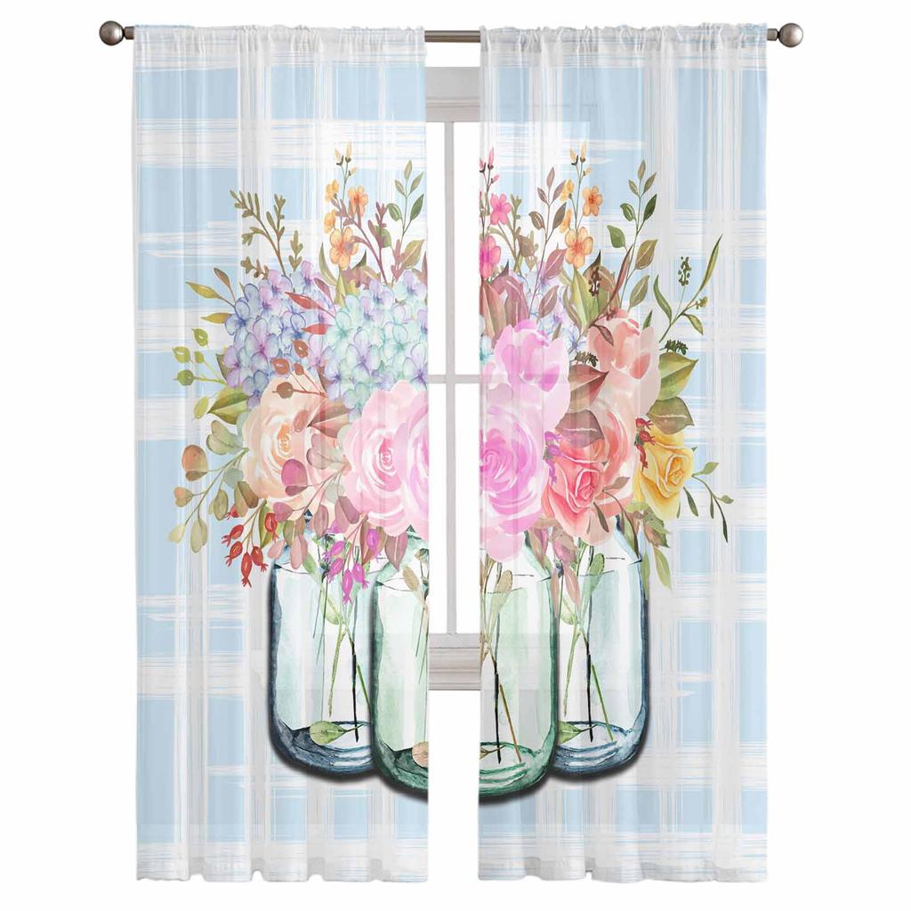 Floral Leaf Grid Gradient Sheer Curtains Modern Gauze Curtain for Living Room Bedroom Voile Yarn Curtains