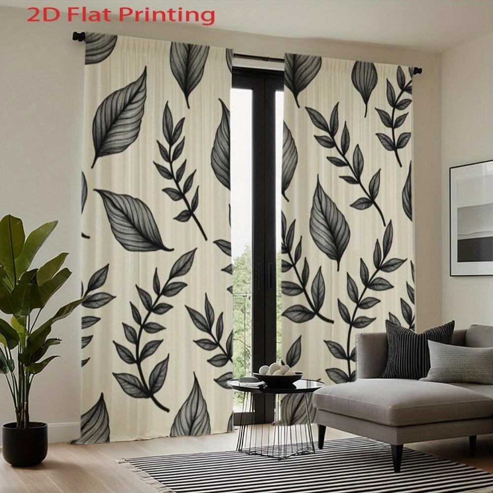 Set Of 2 Flat Black Leaf Pattern Beige Background Curtains Semi Polyester Fabric Design Sheer Made Machine Washable