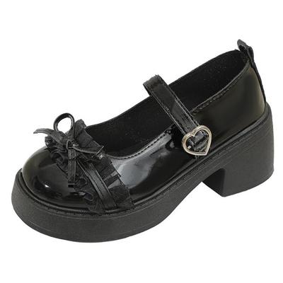 Boucle Cheville Talons Carrés Nœud Femme Chaussures Mary Jane en Cuir Verni Style Japonais Femme Punk Talons Épais Chaussures Simples Lolita