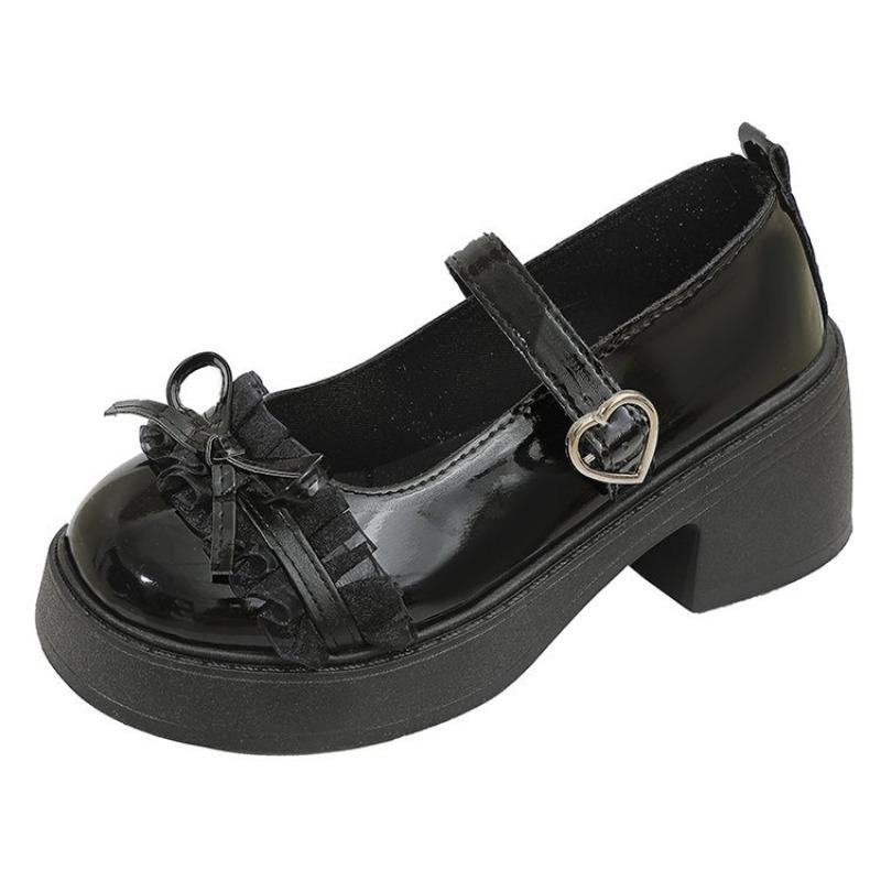 Fashion Ankle Buckle Chunky Heels Bow Women Japanese Style Patent Leather Mary Jane Shoes Woman Punk Thick Heels Single Lolita Shoes