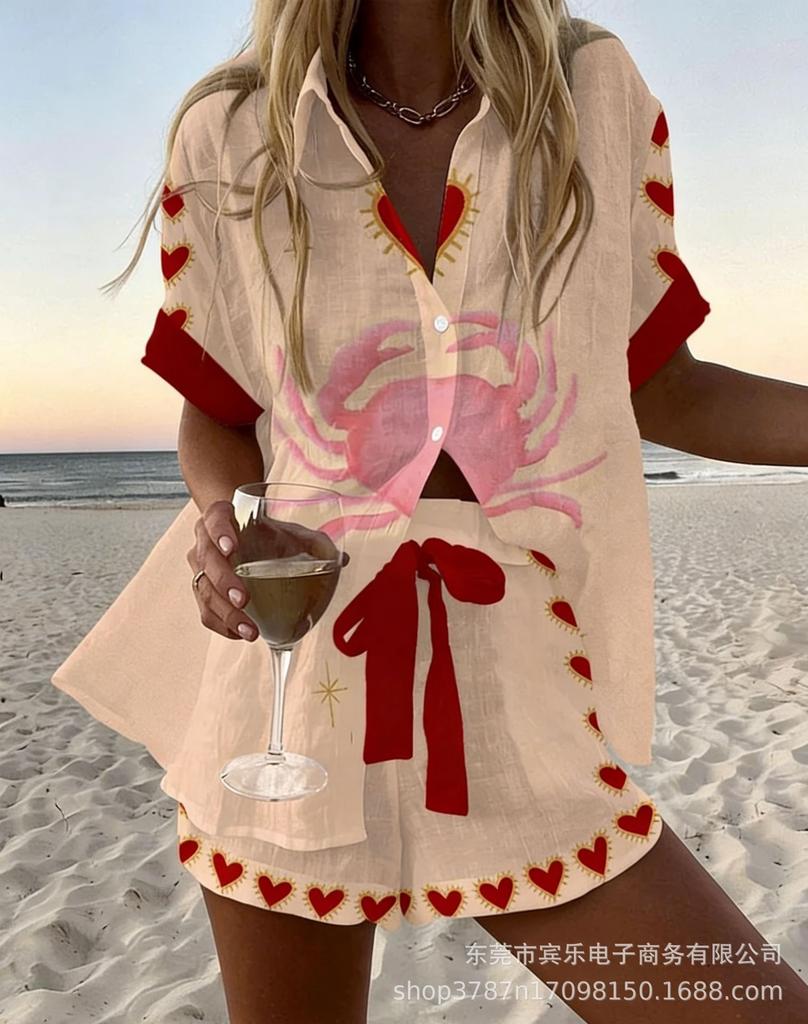 Summer European and American Women's Clothing Bamboo Hemp 1D Digital Printing Short-sleeved Shirt Beach Shorts Casual Two-piece Set