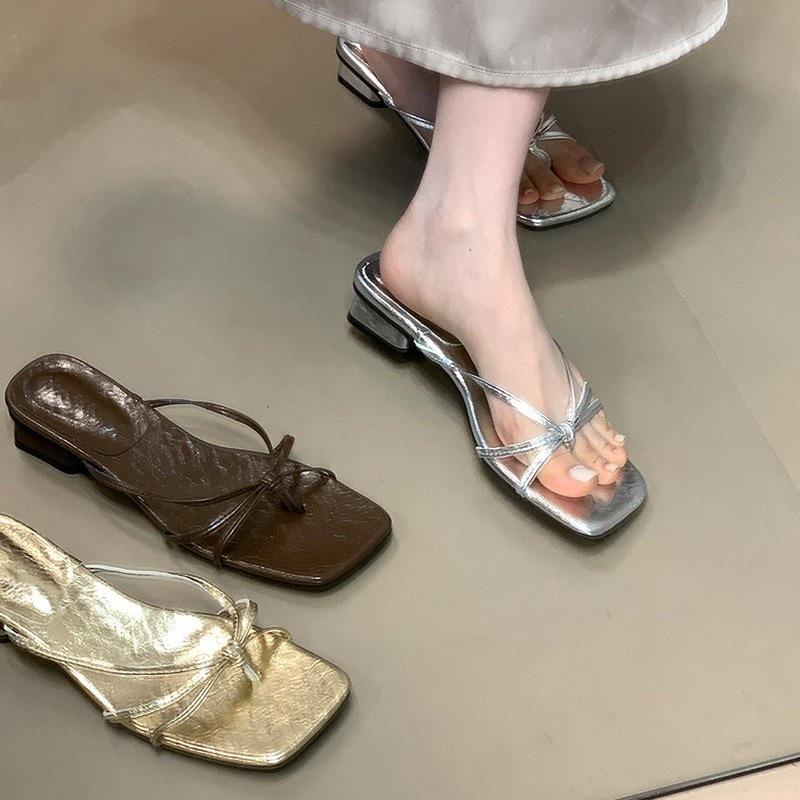 Square head silver niche one-word drag women's summer outer wear temperament simple toe low heel cool slippers