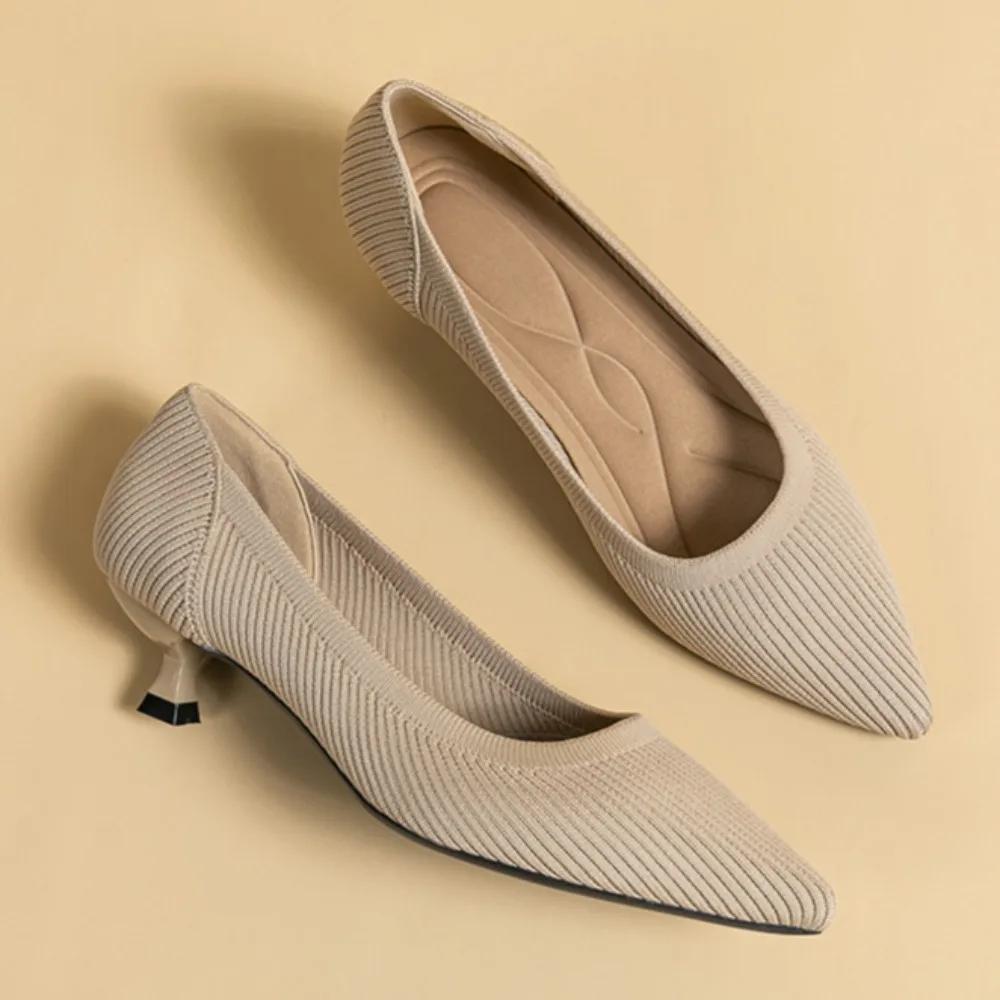 Damen Schuhe mit niedrigem Absatz Pumps Damenschuhe mit spitzer Zehenpartie weiche Sohlen Gestrickte mittelhohe Absätze Einzelne Schuhe für Damen kleiner Absatz