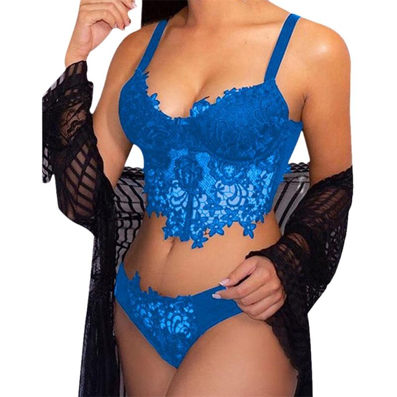 Women Sexy Lingerie 2Pcs Set See-Though Underwear Nightwear Sleepwear Ladies Lace Bra Panties Sets No Coat