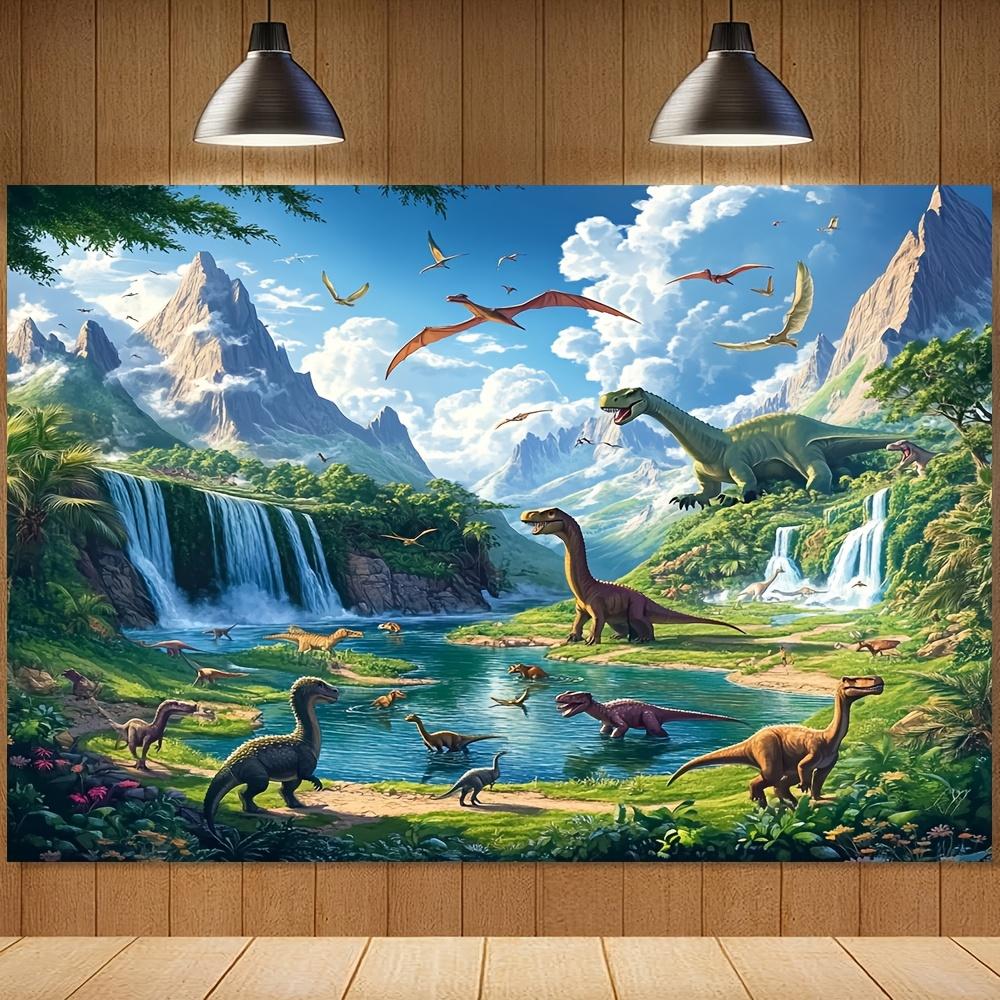 Dinosaurierwelt Wandbild mit Wasserfällen, Bergen und verschiedenen Dinosauriern zur Dekoration des Kinderzimmers