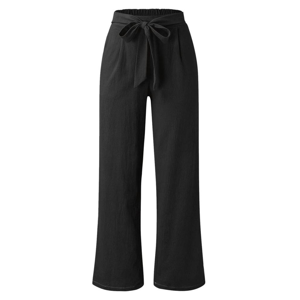 Lockere Hose mit weitem Bein und Tasche für Damen, lässige Hose mit Knopfleiste, elastischer Taille, lockere Hose aus Baumwollleinen