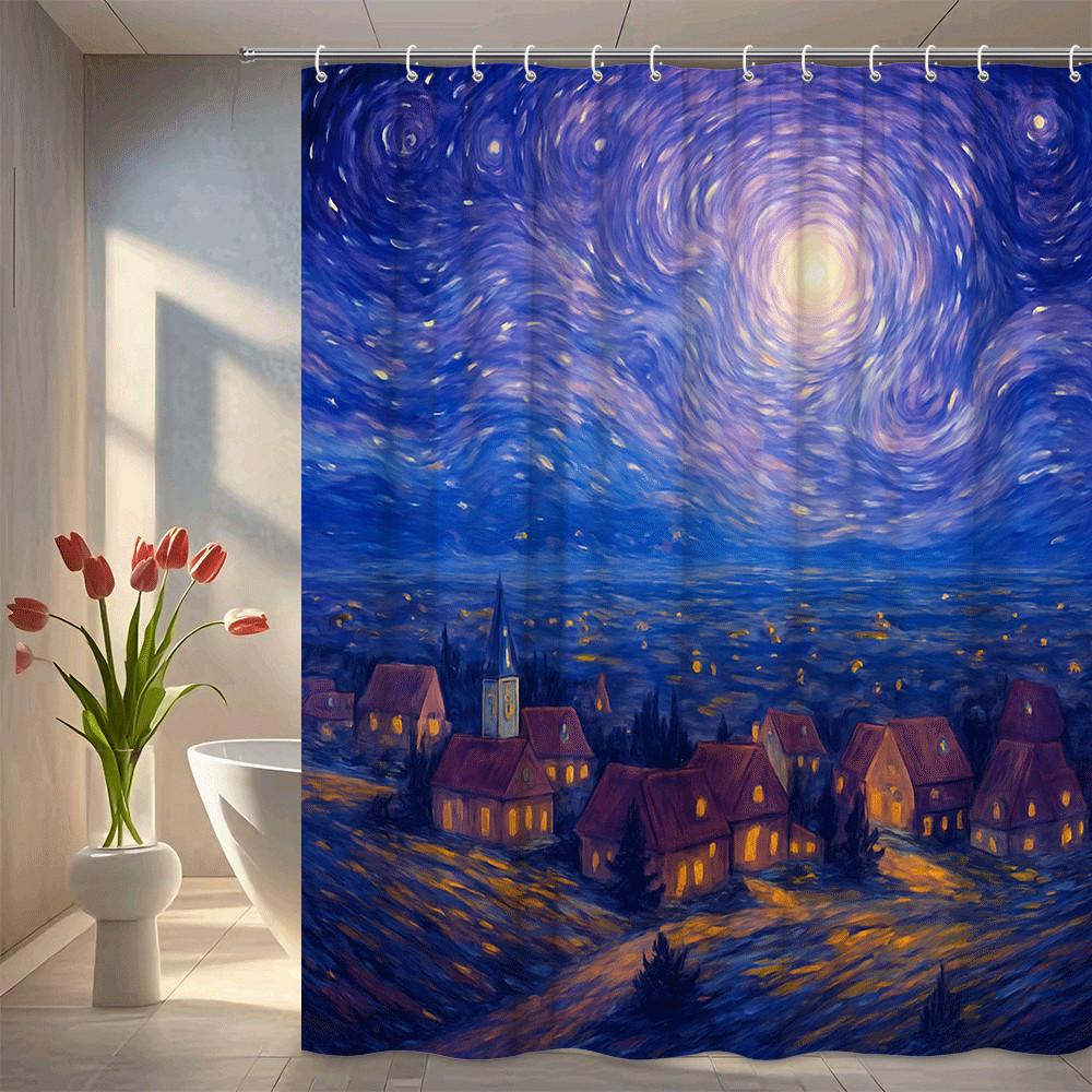 

Starry Night Shower Curtain Van Gogh Art Painting Blue Sky Twirling Stars Village Scene Elegant Bathroom Decor Waterproof W60H190(CM)-1 Pcs