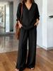 Women V Neck Long Sleeve Lounge Set Casual Wide Leg Pants Two Piece Outfit Solid Color Relaxed Fit