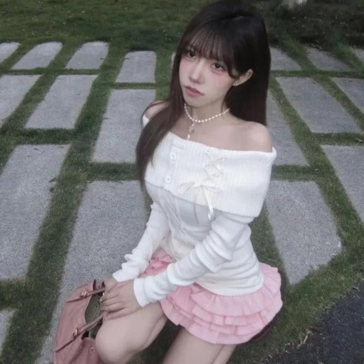 Vintage Elegant Streetwear Strikkede Gensere Kvinner Koreansk Mote Sexy Sløyfe Bandasje Slash Neck Slank genser Solid Chic