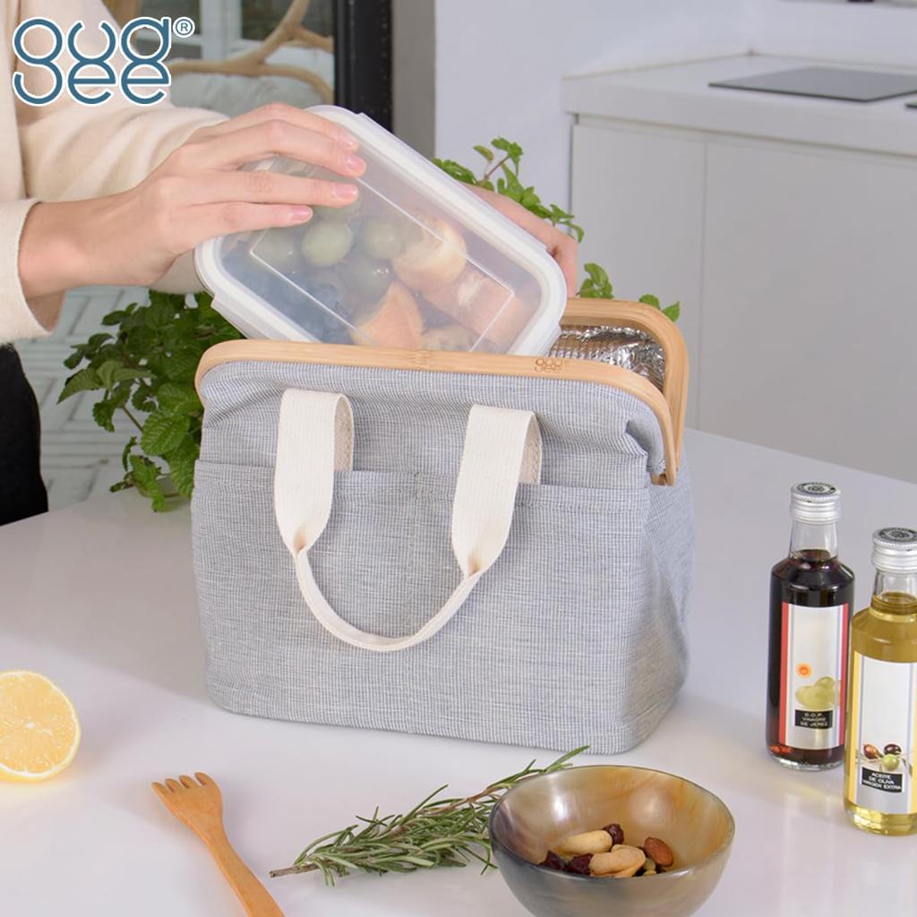 GUDEE Uroki Cooler Bag, a small lunch bag with a clasp closure and wide gusset, perfect for keeping your lunch cool and insulated. Available in wood,