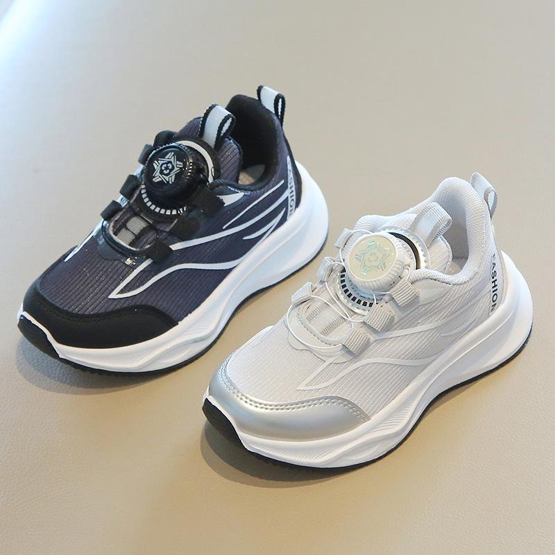 Children's Sneakers2026Spring and Autumn Boys' White Sneakers with Rotating Buttons, Girls' Running Shoes, Soft-Soled Baby Casual Mesh Shoes