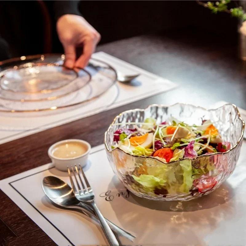 Varm 380/750/1450ml Salatskål i glass Gullkant Frukt Godteri Snacks Mat Blandeskål Stor Bordplate Grønnsakssalat Glassbeholder