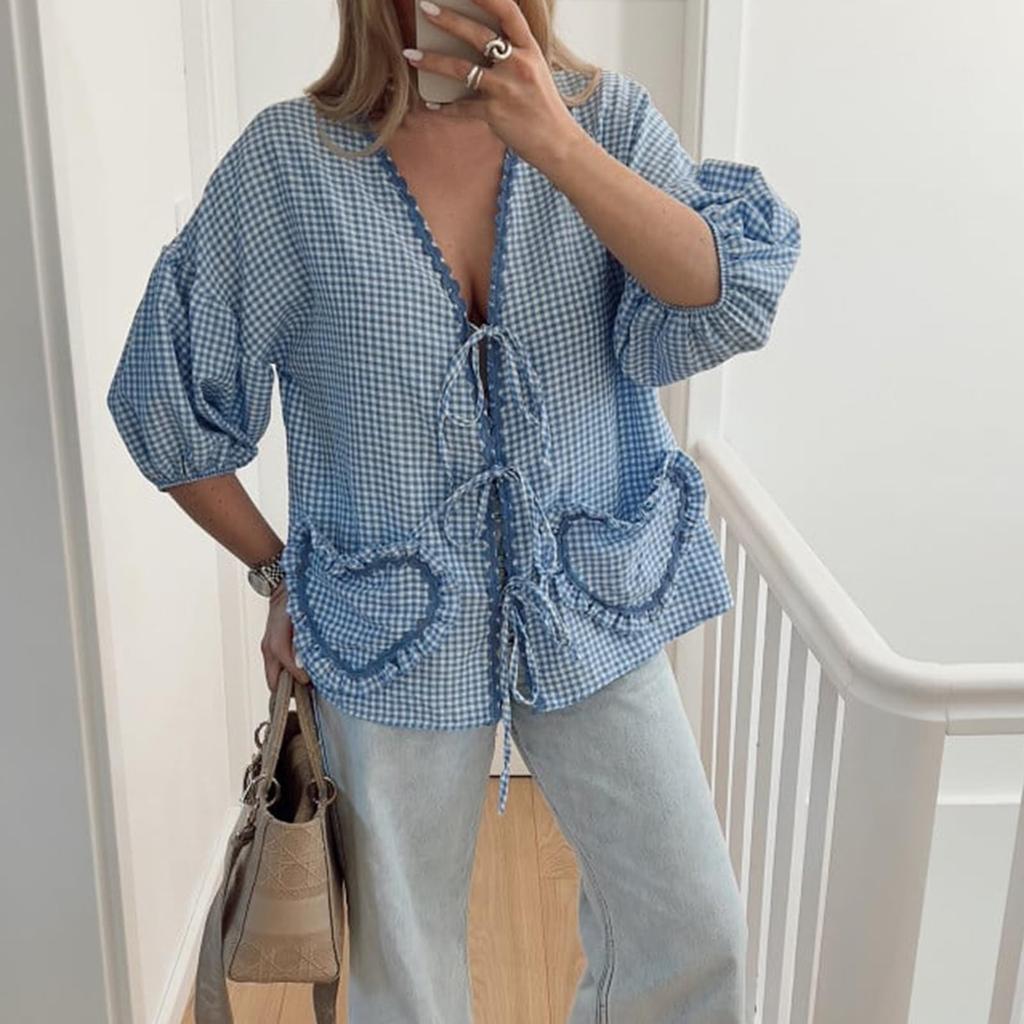 Womens Short Sleeve Casual Plaid Shirt Loose Strap Design Tops With Heart-shaped Pocket