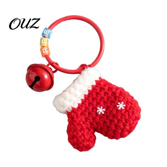 Mini Sock Ornament Yarn Crochet Christmas Keychain with Bell, Handmade Tree Hat Glove Wreath Cute Stocking Stuffer Key Ring Pendant, Holiday Bag Charm