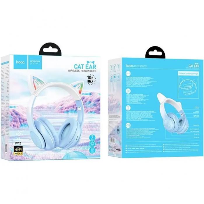 Căști wireless pentru copii Hoco W42 Cat Ear Bluetooth cu urechi de pisică și iluminare LED Albastru cu alb