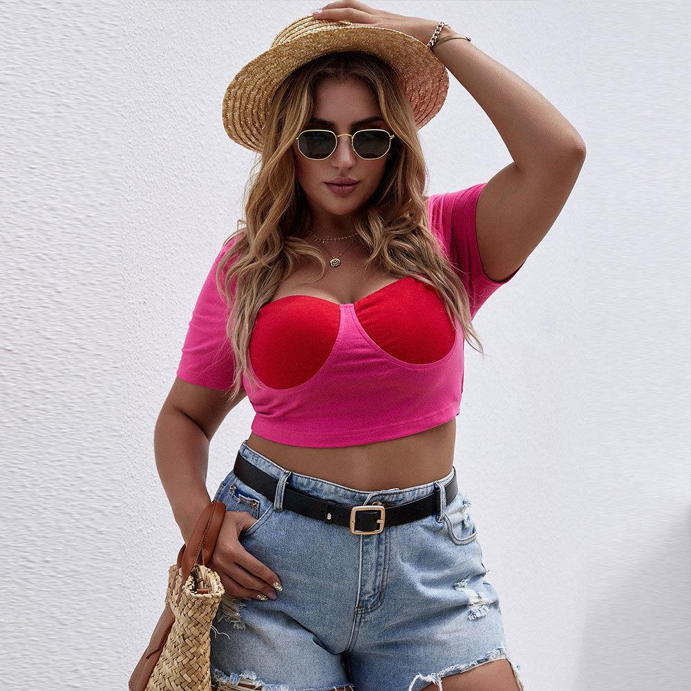 European and American Large-size Women's Clothing New Short Square Collar Slim-fitting Short-sleeved Contrasting T-shirt Top