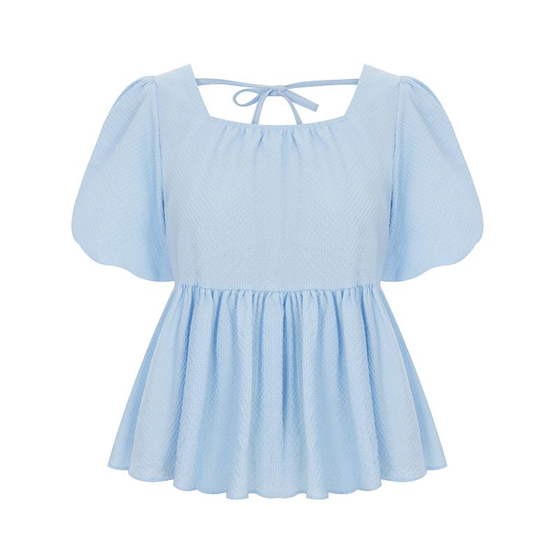 SELLY'S Seersucker Puff Short Sleeve Blouse_I5B-Cbl073