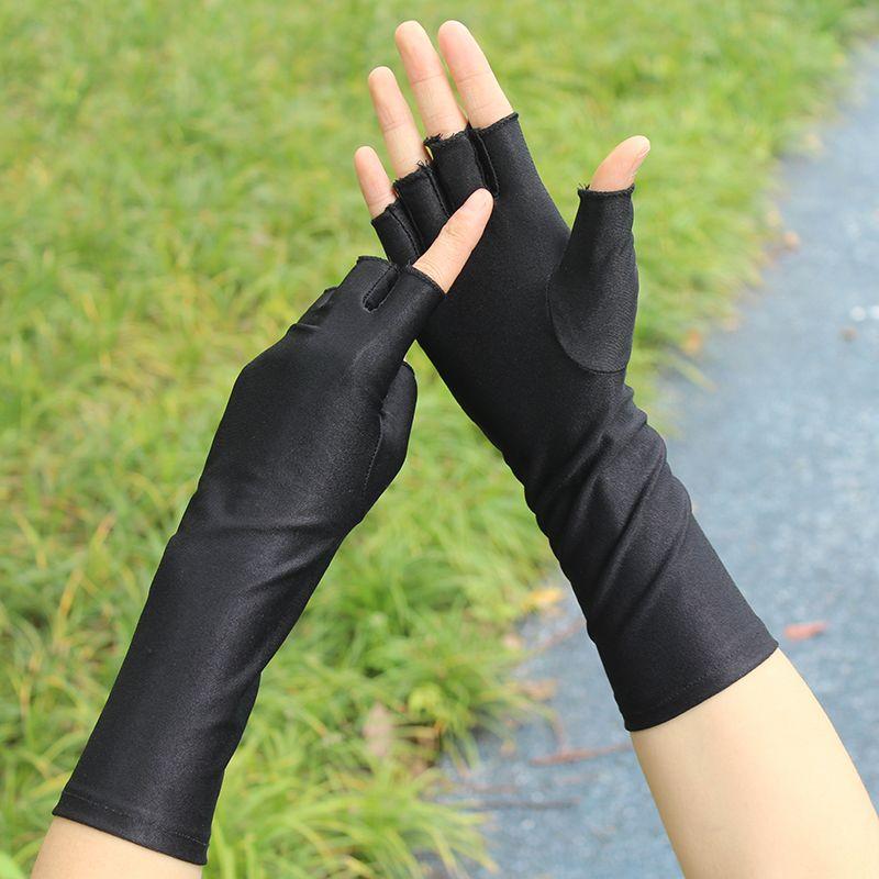 

Silk Summer Sun Protection Gloves Mid-Length Thin Elastic Open Finger Tea Picking Etiquette Driving Practice Word Touch Screen Painting Antifouling Half finger black 28cm