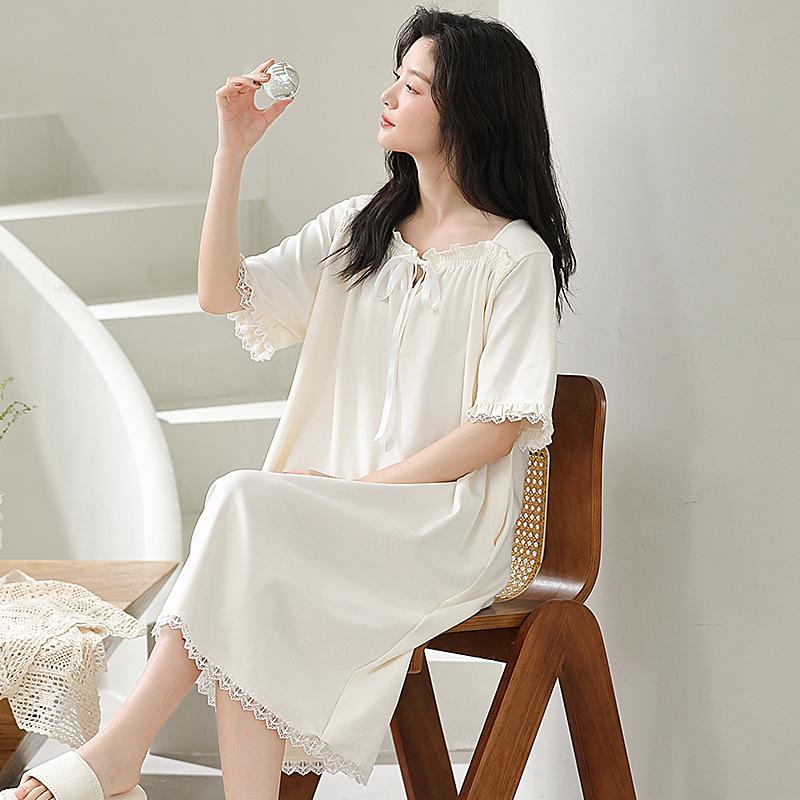 New nightdress women's summer medium and long solid color short-sleeved skirt with chest pad women's summer cotton pajamas dress homewear