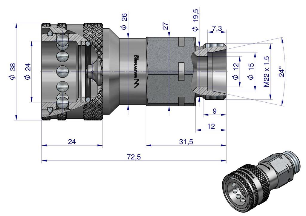Szybkozłącze Hydrauliczne Gniazdo Z Eliminatorem Ciśnienia M22X1.5 Gwint Zewnętrzny Euro (9100822G) (Iso 7241-A) Waryński