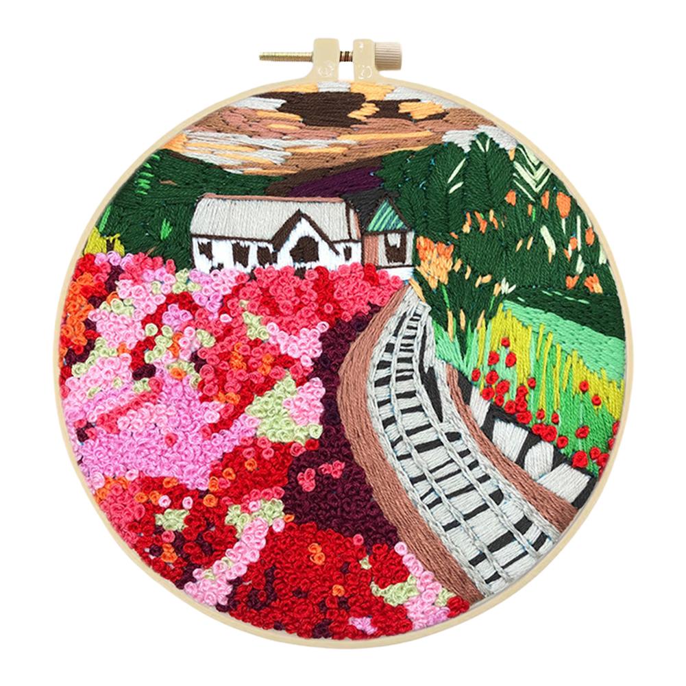 Flowers Stamped Cross Stitch Embroidery Kits with Hoop Cloth Color Thread