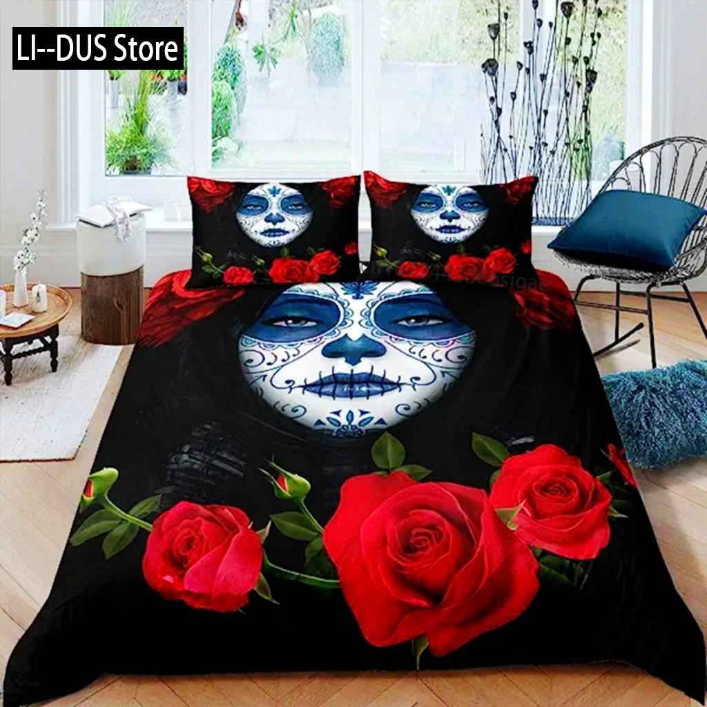 Sugar Skull Duvet Cover Teen Girl Bedding Set Sugar Skull Decor Bedding Skull Skeleton Roses Floral Print Duvet Cover Decorative