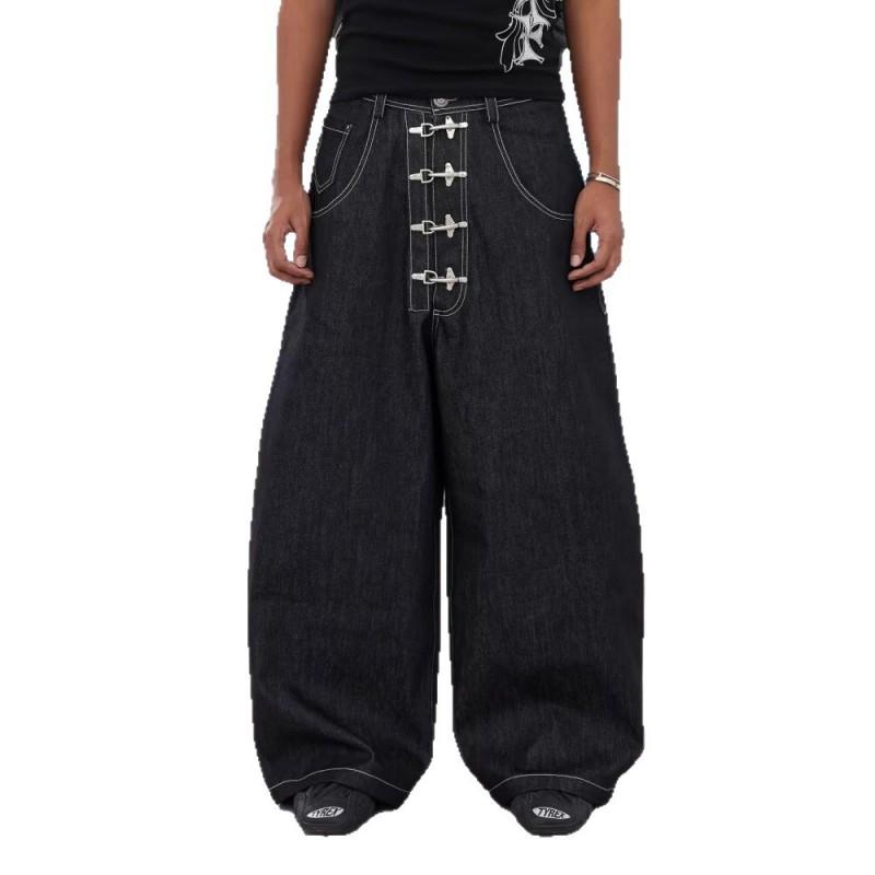 Jeans Denim Larghi a Vita Alta da Uomo con Dettaglio Bottone Stile Aereo Bordo Grezzo Taglio Dritto Streetwear Stile Vintage