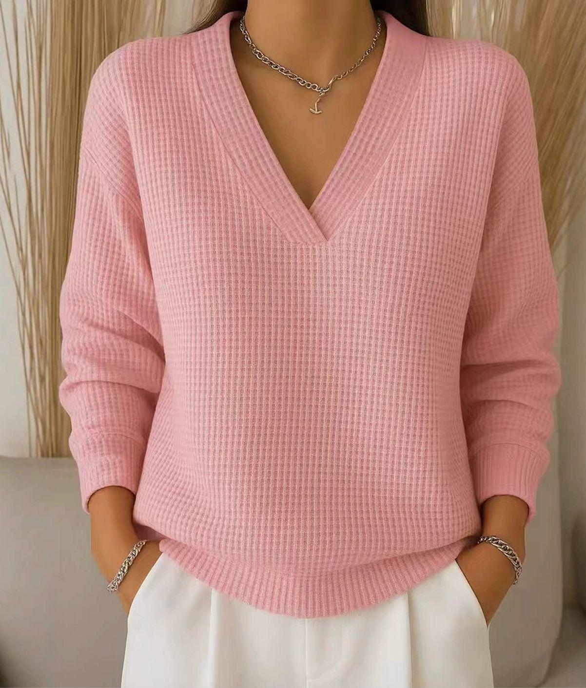 

Міжнародний 2025 Осінній Вафельний Трикотаж V-подібний Виріз Однотонний Універсальний Європейський та Американський Стиль Жіночий Топ S рожевий