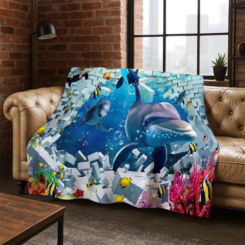 3D Illusion Underwater World Marine Life Shark Dolphin Cartoon Flannel Blanket Throw Blanket for Bedroom Living Room Bed Travel