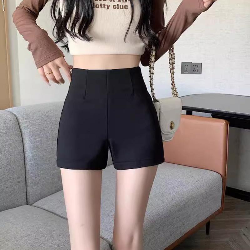 2025 Women's A-Line High Waist Black Casual Shorts - Slimming, Fashionable, Plus Size, Wide Leg