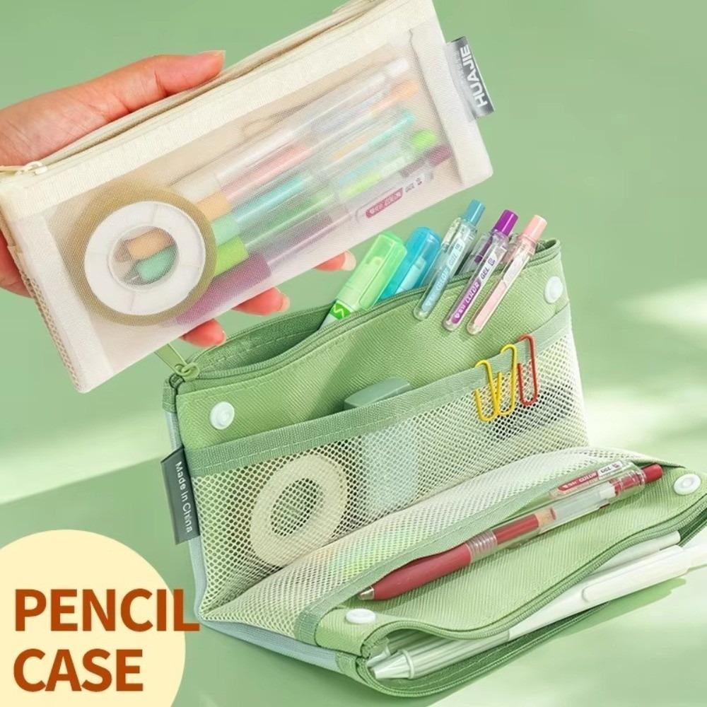 Foldable Stationery Bag Double Layer Pencil Pouch Portable Mesh Pencil Case  Students