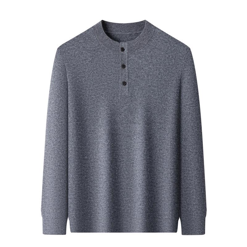 Men's Luxury 100% Cashmere Pullover - Skin-Friendly, Warm Base Layer with Button Collar for All Ages