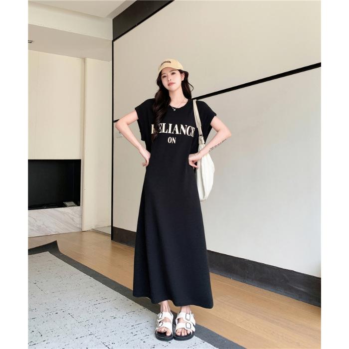 European casual arm-covering dress summer large size fat mm loose belly-covering straight T-shirt skirt split-ended long dress