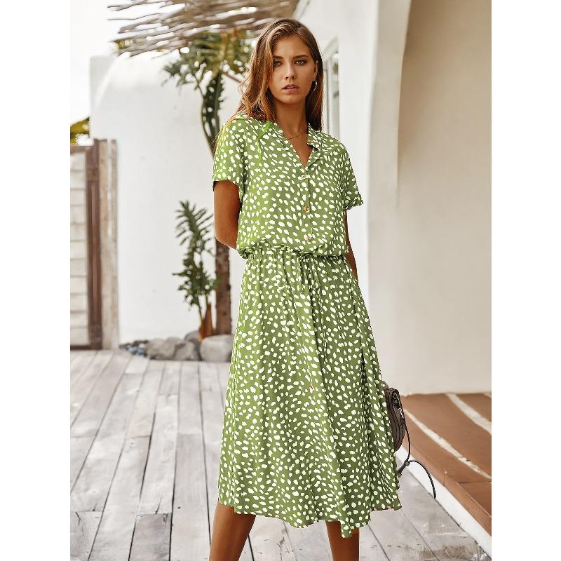 fashion women's clothing, Amazon's summer polka dot short-sleeved medium and long dress