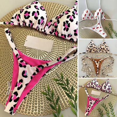 2Pcs/Set Sexy Women Bikini Set Leopard Print Halter Bra High Waist Lace-up Thong Set Bathing Suit Beachwear