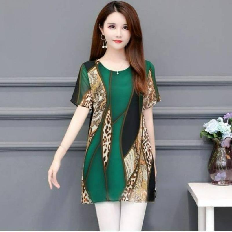Plus Size Women s Summer Mother Wear Short-sleeved T-shirt Round Neck Retro Printed Blouse Age-reducing Bottoming Shirt 5XL зелёный