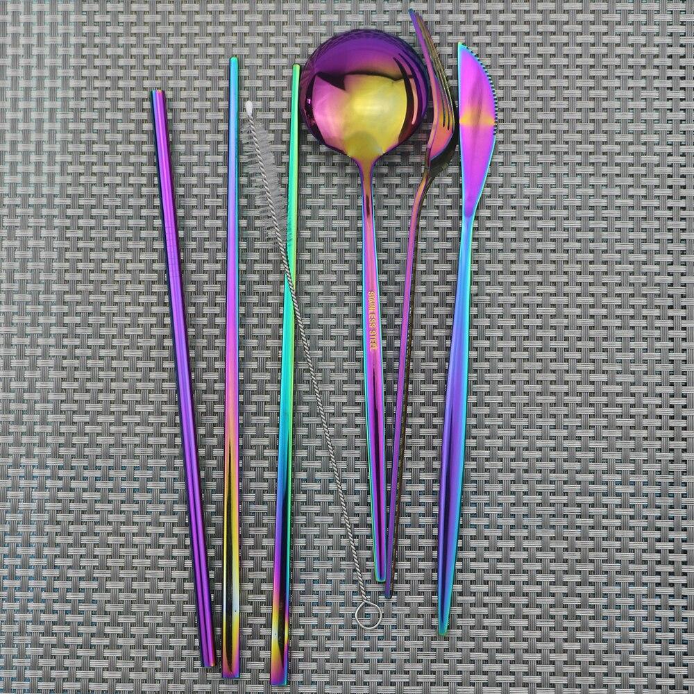 Rose Storage Bag Portable Dinnerware Set Stainless Steel Set Knife Fork Spoon Chopsticks Straw Travel Camping BBQ Dinnerware Set