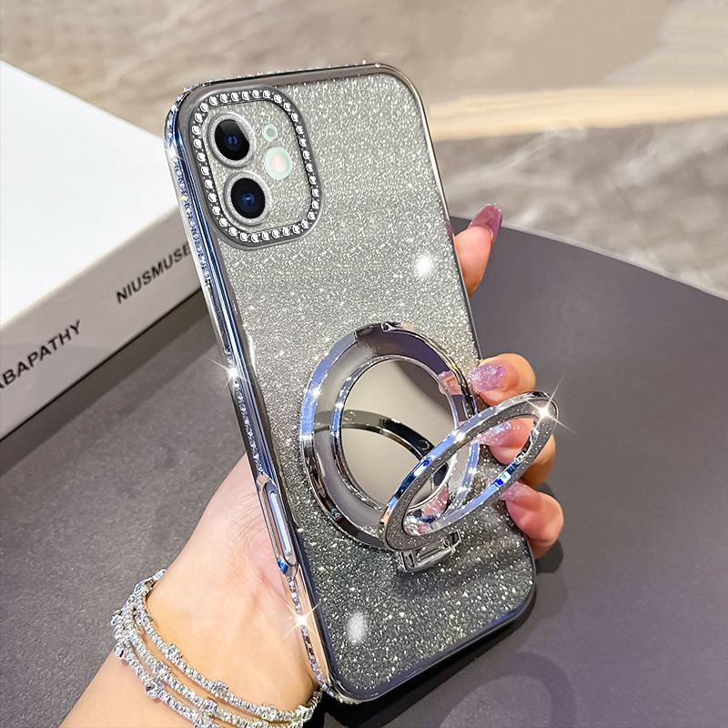 KEYSION Luxury Glitter Jewelled Magnetic Phone Case for iPhone 11 12 Pro Max Makeup Mirror Ring Stand Shockproof Back Cover