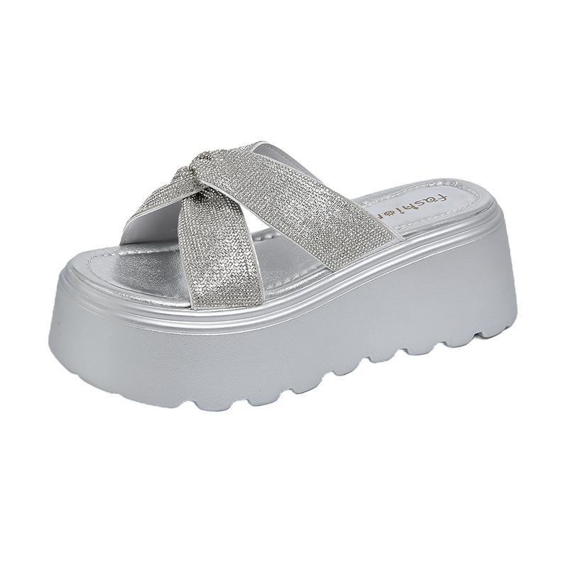 Fashion Flash Sequins Cross-over One-word Women's Summer Comfortable Stepping On Shit Muffin Slippers, Wearing Versatile Cool Slippers