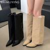 Chunk Leather High Boots Women Knee High Pointed Toe Heels Shoes Woman Trend Chelsea Boots New Pumps Snow Gladiator Botas Mujer
